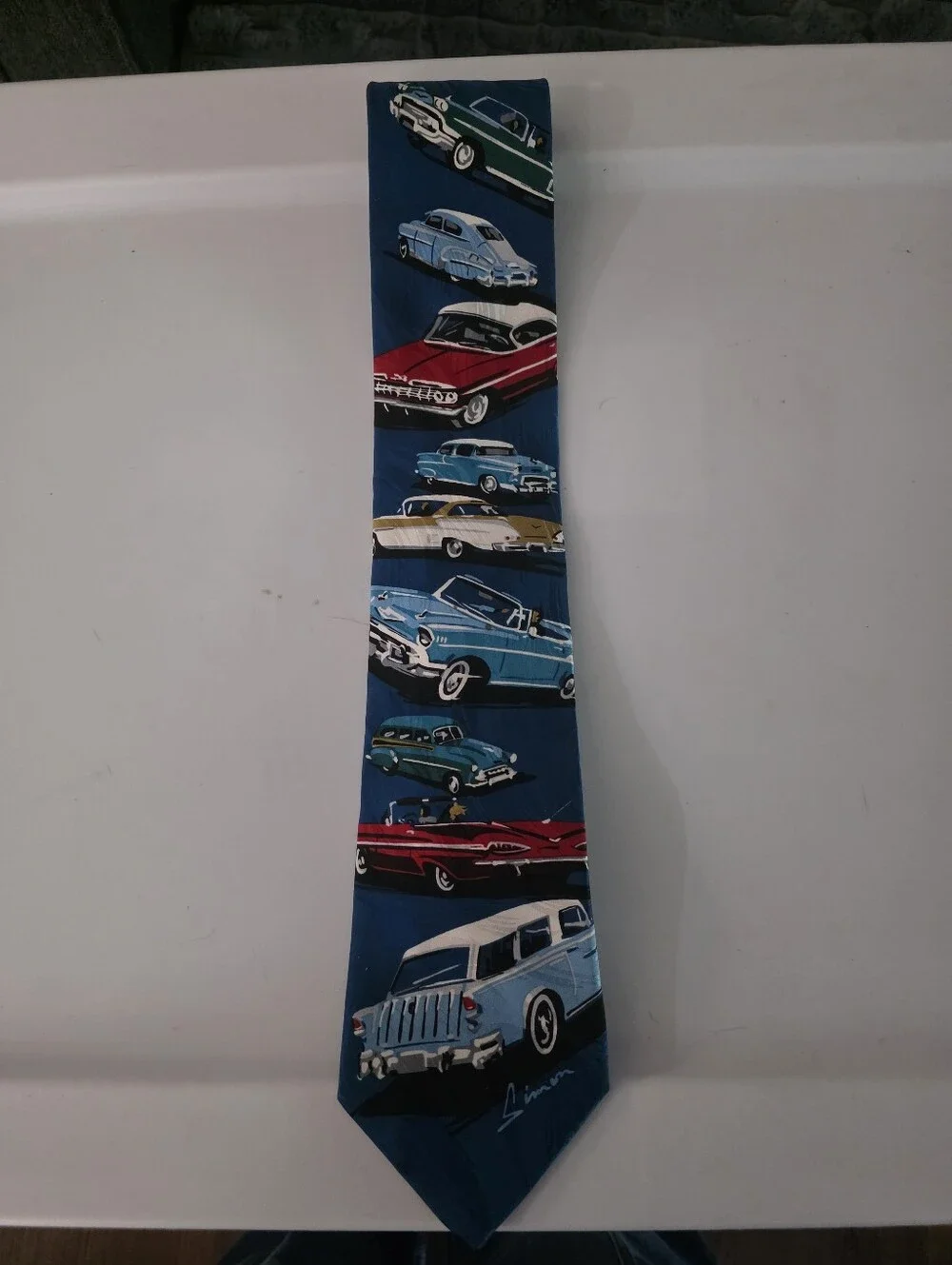 100% Silk Simon Men's Blue Classic Car Pattern Tie